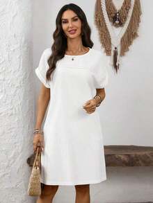 Vestido corto de mujer con cuello redondo y manga corta con estampado de líneas - Blanco - Ver 6