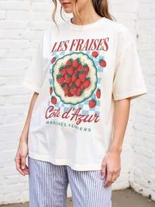 Women's T-Shirt With Tropical Fruit And Strawberry Print, Featuring A Strawberry Design And Strawberry Lifestyle: Casual Short-Sleeved Summer T-Shirt With A Round Neck, Soft And Breathable, White Strawberry Design, Loose And Comfortable For Everyday Wear, Machine Washable, Suitable For The Beach And Strawberry-Themed Clothing - Offers Fun Clothing For Strawberry Lovers - 白色 4 - 查看 2
