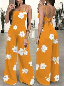 Mono elegante para mujer con estampado floral, mameluco camisola sin mangas de verano, pantalones de pierna ancha de moda para adultos - Naranja - Ver 12