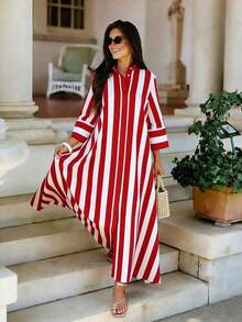 Vestido largo para mujer, con diseño de rayas anchas y bloques de color, adecuado para el uso en el festival de Eid Al-Adha en primavera/verano en color rojo - Rosa - Ver 7
