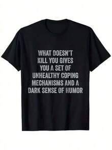 Men's T-Shirt With Sarcastic Quotes And Dark Humor - Premium Cotton Crew Neck T-Shirt With "Unhealthy Coping Mechanisms" Print, Micro-Stretch Fabric, Sizes S-XXXL For Casual Wear, Parties And Holidays, Party Wear | Humorous Design | Machine Washable T-Shirt, Funny T-Shirts - 黑色 - 查看 1