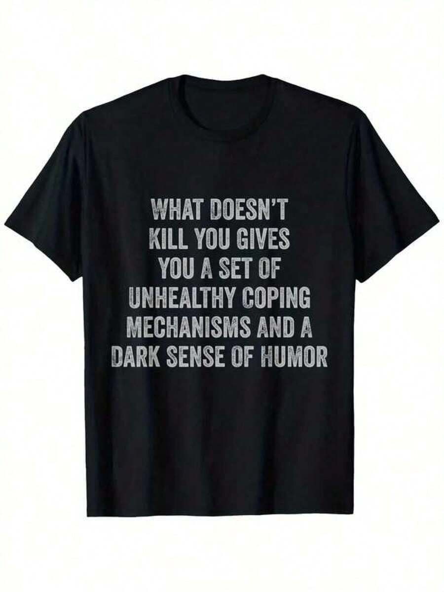Men's T-Shirt With Sarcastic Quotes And Dark Humor - Premium Cotton Crew Neck T-Shirt With "Unhealthy Coping Mechanisms" Print, Micro-Stretch Fabric, Sizes S-XXXL For Casual Wear, Parties And Holidays, Party Wear | Humorous Design | Machine Washable T-Shirt, Funny T-Shirts - 黑色 - 查看 1