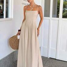 . .  Vestido de mujer con tirantes de espagueti y escote tubo de lino, estilo vacacional - Albaricoque - Ver 5