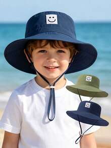 1pc Kids Sun Protection Hat With Wind Cord, Minimalist Solid Color Or Cartoon Print Design, Lightweight Breathable Bucket Hat, Suitable For Beach, Travel And Daily Use - 1PC -  Face - View 1