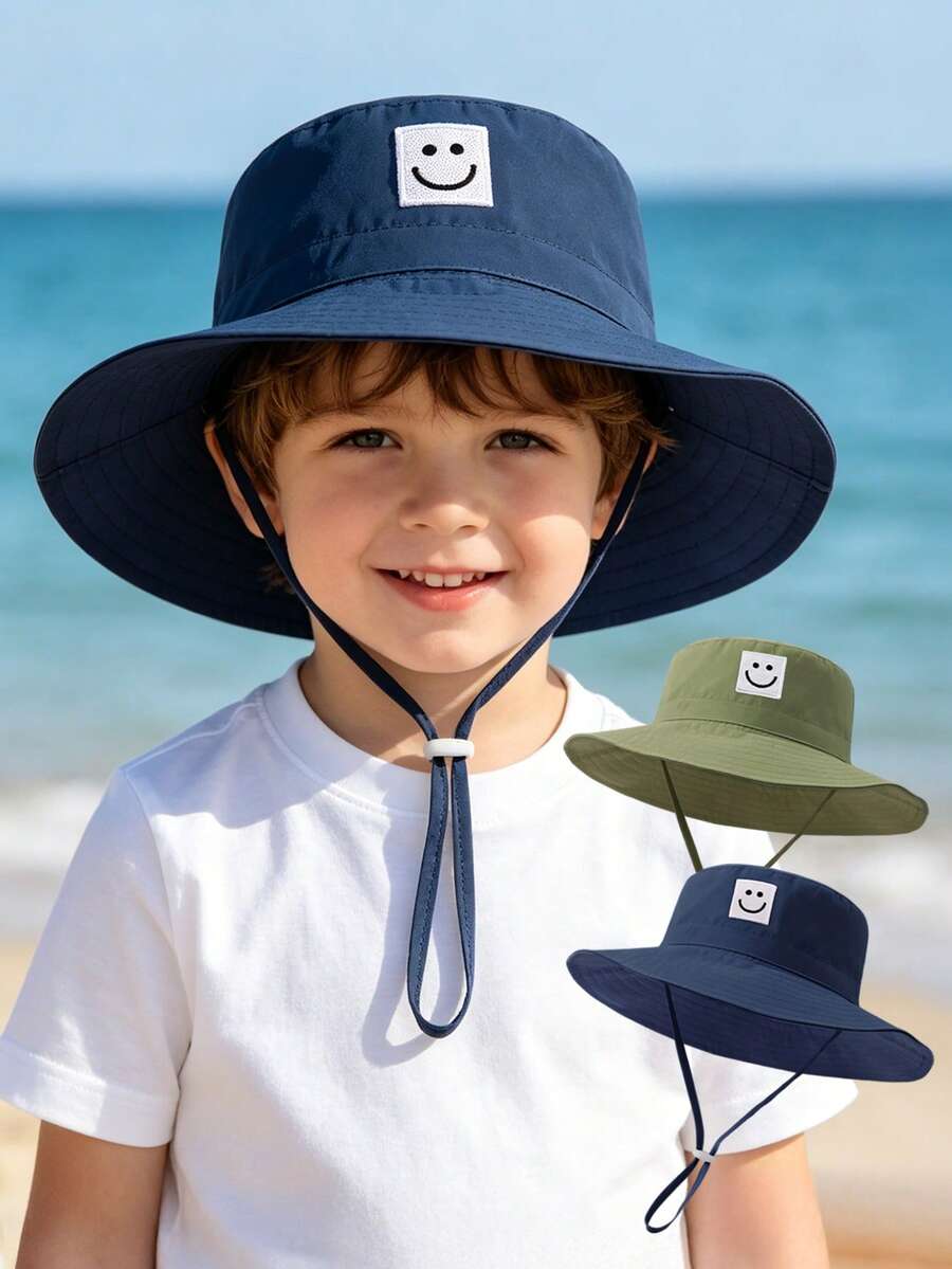 1pc Kids Sun Protection Hat With Wind Cord, Minimalist Solid Color Or Cartoon Print Design, Lightweight Breathable Bucket Hat, Suitable For Beach, Travel And Daily Use - 1PC - Face - View 1