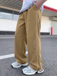 1pc Boys/Teens Minimalist Workout Sports Outdoor Loose Side Stripe Straight Leg Pants, Streetwear Style, Spring/Summer - Khaki - View 1
