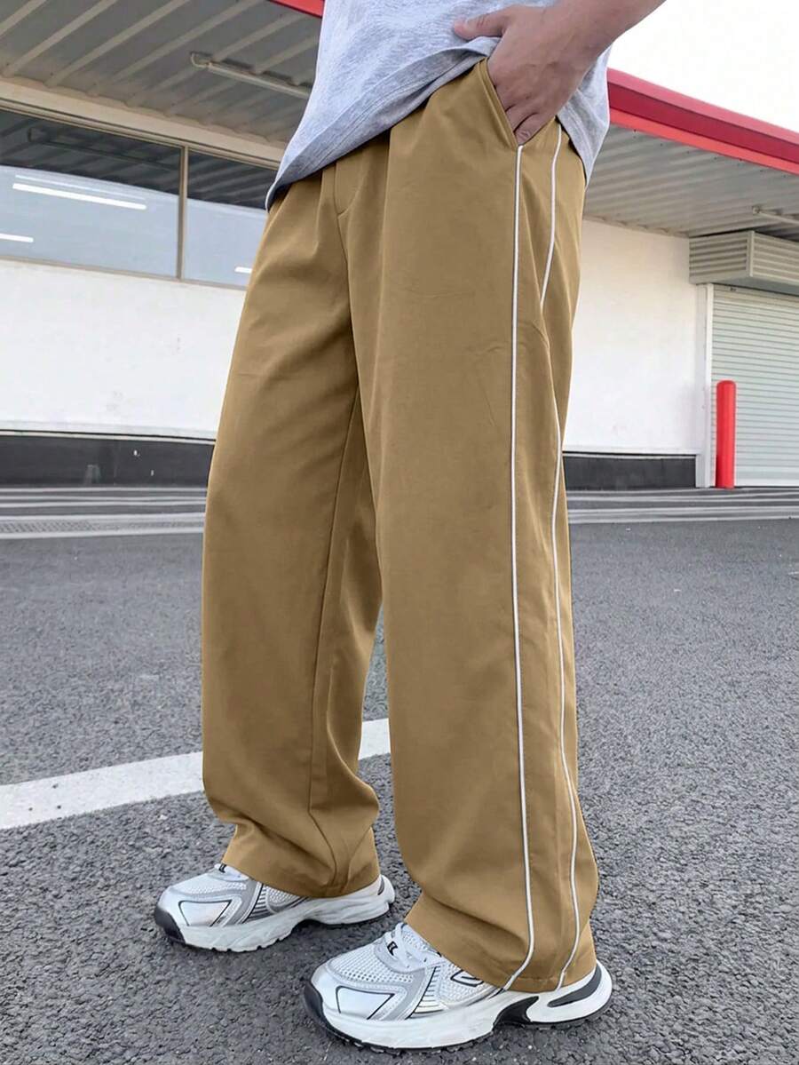 1pc Boys/Teens Minimalist Workout Sports Outdoor Loose Side Stripe Straight Leg Pants, Streetwear Style, Spring/Summer - Khaki - View 1