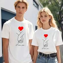 Ropa de mujer, ropa de mujer, blusa de mujer, camiseta de pareja - cuello redondo, estampado de corazones, estilo casual, temática de amor y confort, conjunto romántico, camiseta con estampado de amor, camiseta romántica de manga corta, top para una cita romántica, blusa casual de mujer. - Negro para hombre - Ver 7