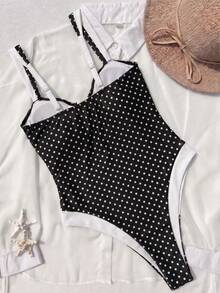 Women's Color Block V-Neck One-Piece Swimsuit. Classic Color Scheme, Minimalist And Elegant Summer - Black and White - View 4
