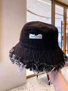 1件女款牛仔戶外漁夫帽，春夏復古水洗設計，毛邊飾邊，防曬，適合海邊穿戴 - 彩色 - 查看 9