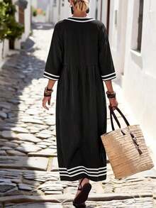 Vestido casual de fiesta con cuello en V y bloques de color para vacaciones de mujer - Negro - Ver 2