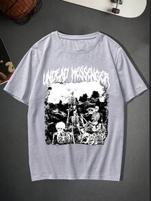 Comfortable Men's T-Shirt With  Skeleton And Letter Print For Halloween, Men's Graphic Tee, Outdoor Summer Clothing, Men's Apparel, Men's T-Shirts. - 黑色 - 查看 6