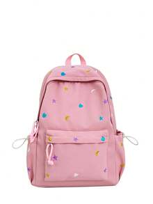 Macaron Star Moon Heart Print Nylon Backpack, Wide Pressure-Relieving Shoulder Straps, Multi-Layer Large Capacity, Commuting Casual Travel Style - Multicolor - View 10