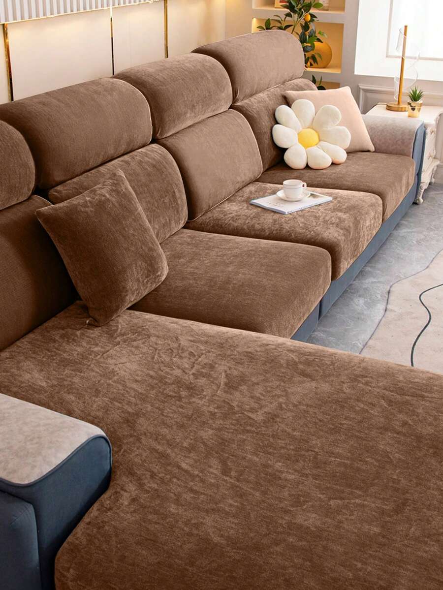 1pc Velvet Drawstring Solid Color Home Decor Sofa Seat Cushion Cover