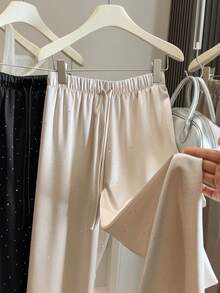 Women's High Waist Wide Leg Harem Pants - Floor Length Ice Satin Acetate Trousers, Lightweight, Suitable For Petite Height, Cool Drape, Machine Washable, For Elegant Casual, Office, Semi-Formal Wear - 奶茶 - 查看 8