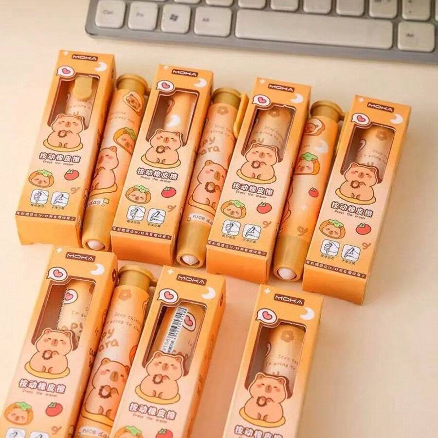 Capibara Push-Style Erasers, Ideal Kindergarten Gifts And Study Stationery. They Leave Few Marks And Little Scraps While Erasing Cleanly. Adorable Capybara Pen-Shaped Erasers, Cute Cartoon Retractable Erasers, Portable Push-Type Erasers For Students, And Creative Stationery Gifts. - Multicolor - View 1