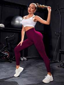 SUN Women's Seamless Sports Leggings, Fitted, For Yoga, Fitness And Outdoor Running - 酒紅色 - 查看 9