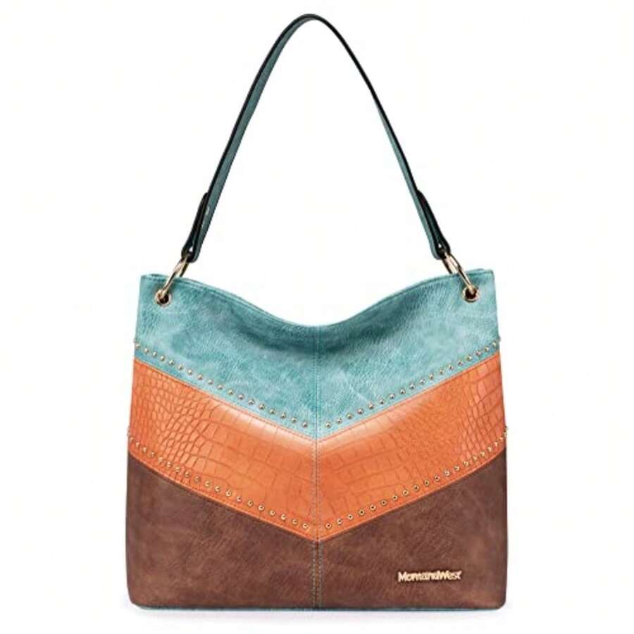 Hobo Bag For Ladies Shoulder Handbags With Back Pocket Purses, With Zipper, Purses, With Zipper - B-light Blue/Orange/Brown - View 1