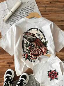 % Cotton [Double-Sided Print], Women's Casual Summer T-Shirt, Vintage Style, Lizard And Flower Print, Round Neck, Short Sleeve, Suitable For All Seasons, Can Be Worn As A Base Layer In Spring And Autumn Or Alone In Summer, Unisex Style,  Thick Cotton Cityboy Style T-Shirt. - 白色 - 查看 1