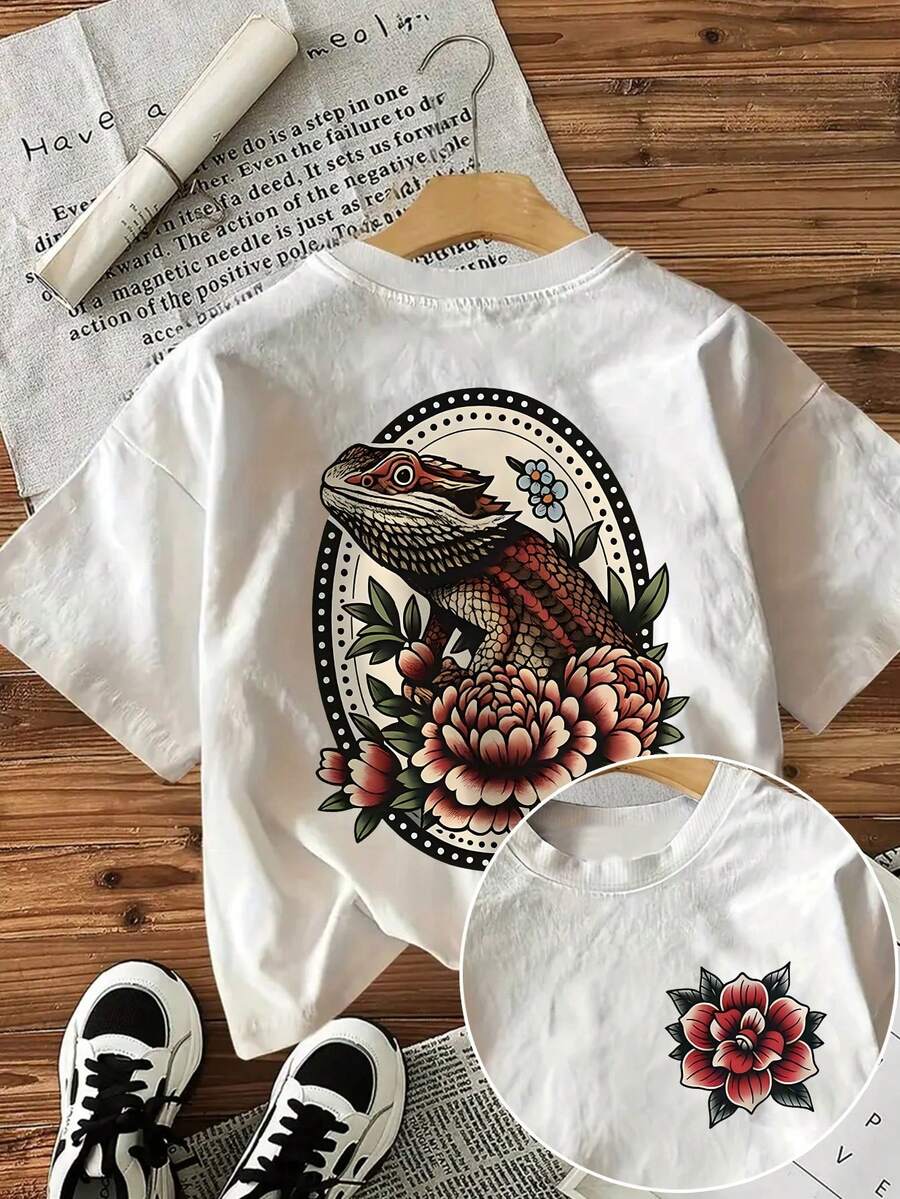 % Cotton [Double-Sided Print], Women's Casual Summer T-Shirt, Vintage Style, Lizard And Flower Print, Round Neck, Short Sleeve, Suitable For All Seasons, Can Be Worn As A Base Layer In Spring And Autumn Or Alone In Summer, Unisex Style,  Thick Cotton Cityboy Style T-Shirt. - 白色 - 查看 1