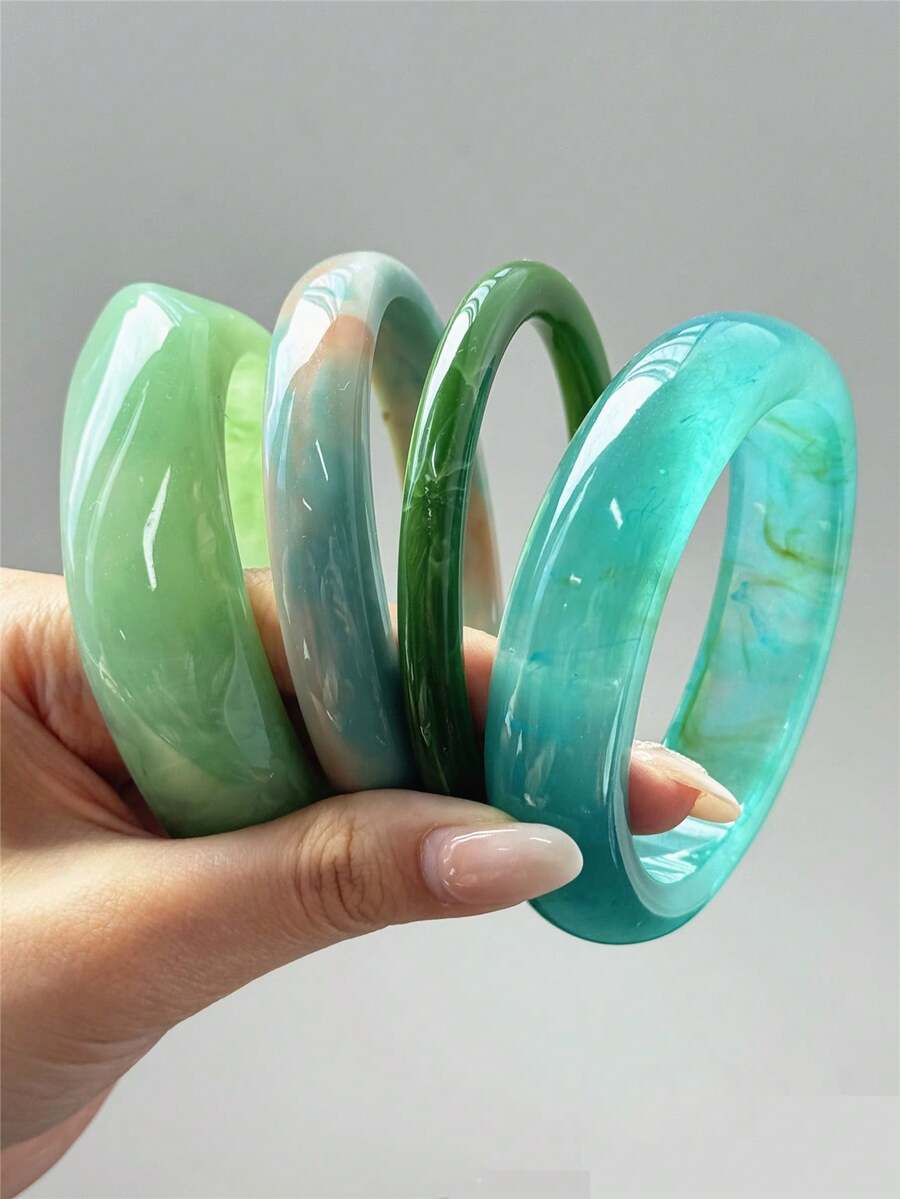 4件套全新绿色树脂手镯套装,复古简约深绿色和半透明绿色手镯,适合女性日常佩戴和夏季度假 - 彩色 - 查看 1