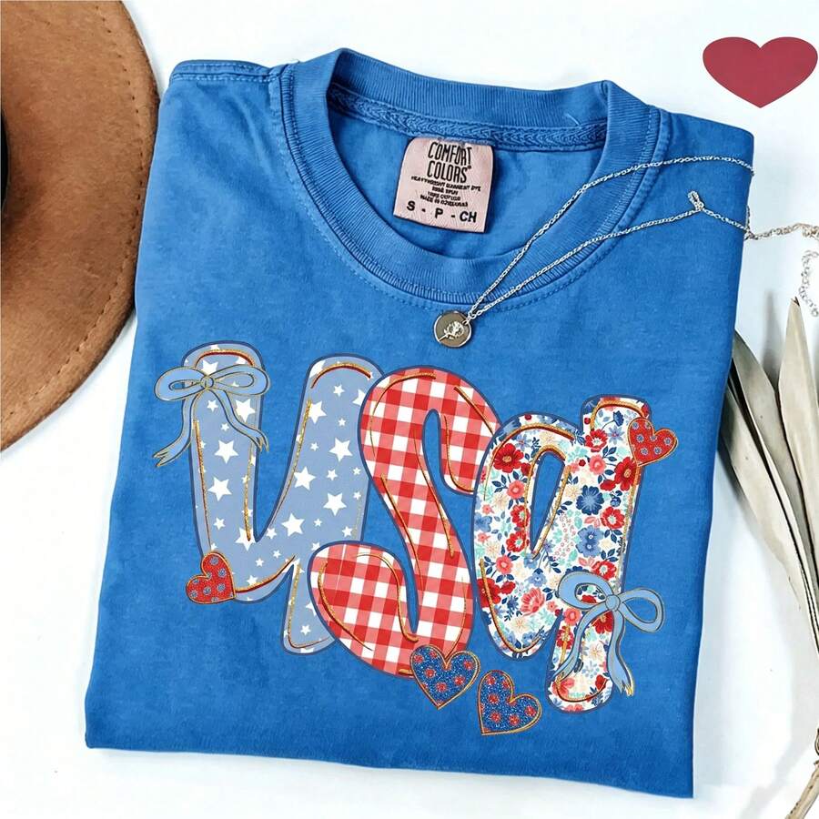 Coquette USA Letter T Shirt Bows Floral Star Gingham Graphic Tee July 4th Independence Day Patriotic Oversized Loose Short Sleeve Tops For Women - 藍色 - 查看 1