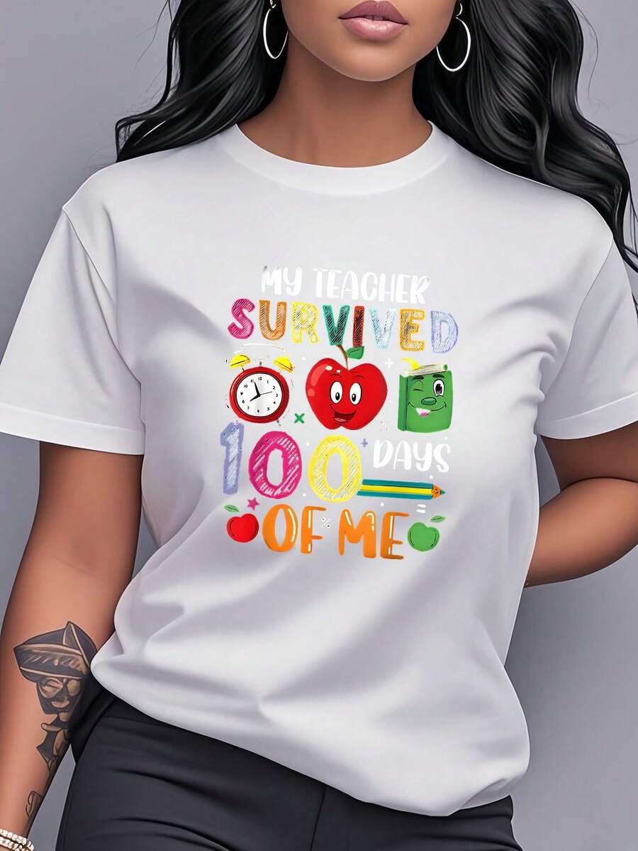 Women's T-Shirt With A "My Teacher Lived 100 Days" Print, Featuring Short Sleeves And A Round Neck. The Cartoon Design Includes An Apple, Clock, Book, And Pencil, Making It Ideal For Celebrating Teacher's Day And Commemorating 100 Days Of Teaching. A Great Gift For Students, This Versatile And Stylish T-Shirt Is Perfect For Parent-Child Activities, Teacher's Day, Everyday Wear, And More. The Fun Print Is Comfortable, Breathable, And Stylish, Allowing You To Express Your Personality And Making It Suitable For Various Occasions. - 白色 - 查看 1