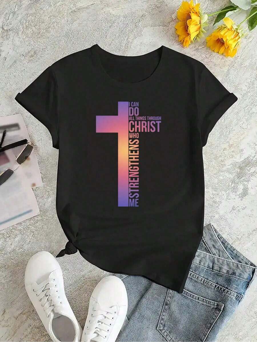 NEW Fashionable Women's Medium Stretch Polyester Knit T-Shirt With Inspirational Christian Graphic Print - "I Can Do Anything For Christ", Casual Short Sleeve Crew Neck T-Shirt, Summer Top - Unisex Vintage Street Style, Loose Fit Cotton Short Sleeve Crew Neck T-Shirt, Women's T-Shirts. - 黑色 - 查看 1