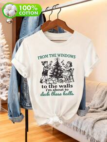 Simple And Versatile Design, Women's 100% Cotton Short-Sleeved Crew Neck T-Shirt With Fun Christmas-Themed Text And Retro Cartoon Prints. Comfortable And Eye-Catching, It's A Great Choice For Holiday Wear! Cotton T-Shirt. - 白色 - 查看 3