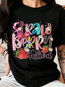 Strawberry Festival T-Shirt, Cute Summer Graphic Tee For Women, Fun Berry Party Tee With Floral And Strawberry Design. New Summer Arrivals: 100% Cotton Crew Neck T-Shirts. - 黑色 - 查看 11