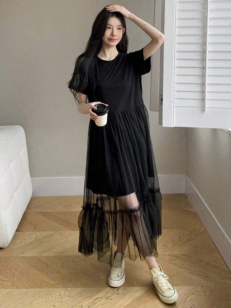 Vestido midi de verano de cuello redondo con manga corta y contraste de malla para mujeres - Negro - Ver 1