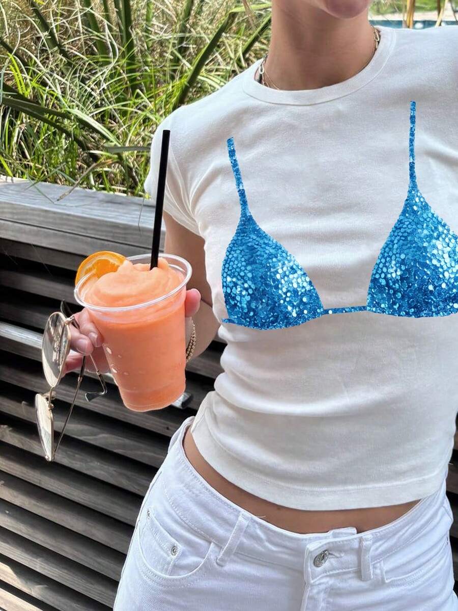 Áo croptop nữ phong cách Y2K mùa hè ngọt ngào dễ thương, họa tiết bikini hiệu ứng sequin xanh vui nhộn, áo thun dệt kim ôm sát cổ tròn tay ngắn, mặc thường ngày, đi biển du lịch, hẹn hò mùa hè, lễ hội âm nhạc - trắng - Xem 1