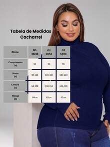Women's Plus Size Long Sleeve Turtleneck Blouse, Ribbed Knit, Winter Sweater - Azul Marino - Ver 7