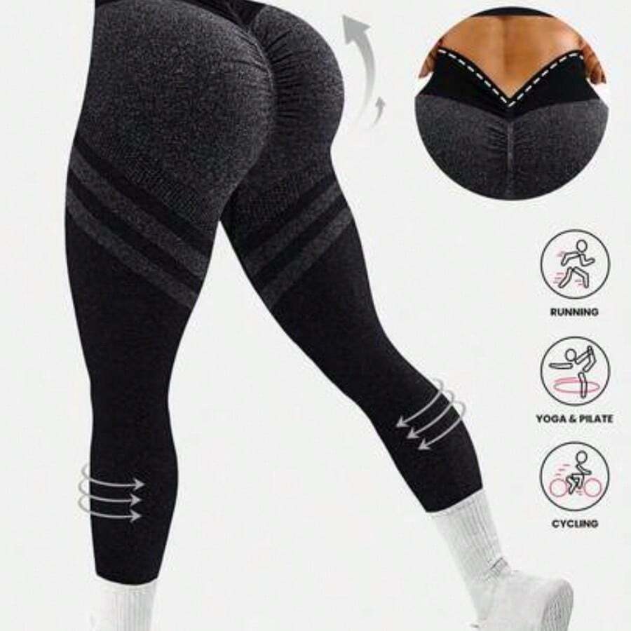 guang zhou mi qian shang mao Slayform Leggings sin costuras de cintura alta a rayas marrones H1178 - Negro01 - Ver 1
