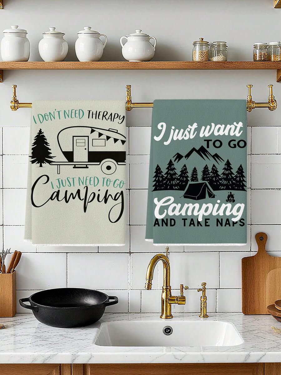 2 Pcs Mountain Tent Camping Themed Kitchen Towels Outdoor Adventure Style Dish Towels Can Be Used In Kitchen Drying Hand Towels Tea Towels Suitable For Farmhouse Kitchen Home Indoor Dish Drying - Green - View 1
