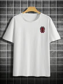 Men's Casual Short Sleeve Graphic Print T-Shirt - Bold Flame And Flower Design, Regular Fit, Summer Streetwear, White With Red/Yellow Art, Street Style, Stylized Face Design, Striking Contrast - 白色 - 查看 2
