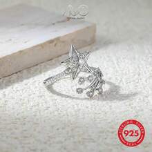 925 纯银星锆石戒指，独特设计流星轻盈奢华优雅女士开口戒指，适合日常、派对、节日、送给爱人、朋友、家人的礼物 - 銀色 - 查看 8