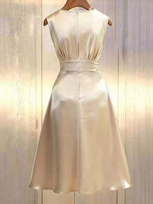 Vestido de fiesta elegante de unicolor con cuello en V y cintura fruncida para mujer - Champán - Ver 2