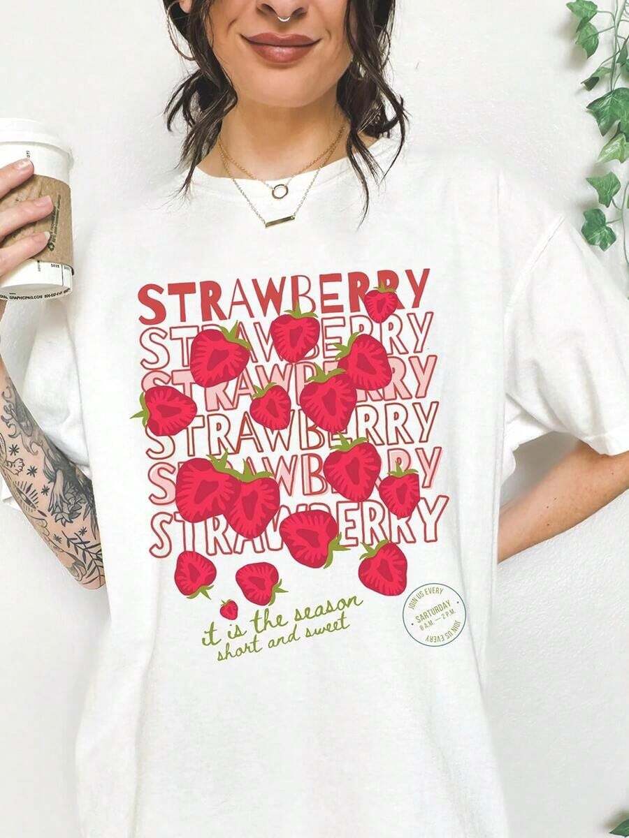 Women's T-Shirt With Tropical Fruit And Strawberry Print, Featuring A Strawberry Design And Strawberry Lifestyle: Casual Short-Sleeved Summer T-Shirt With A Round Neck, Soft And Breathable, White Strawberry Design, Loose And Comfortable For Everyday Wear, Machine Washable, Suitable For The Beach And Strawberry-Themed Clothing - Offers Fun Clothing For Strawberry Lovers - 白色 9 - 查看 1