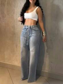 Allover Rhinestone Decor High Waist Zipper Fly Jeans Casual Flared Denim Pants With Rhinestone Decor Belt - 藍色 - 查看 16