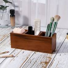 3-Compartment Wooden Desktop Organizer Box With Extension, Textured Rustic Style Remote Control Holder, Storage Box For Office Supplies, Suitable For Home, School And Various Scenarios, Desktop And Drawer Storage - Multicolor - View 3