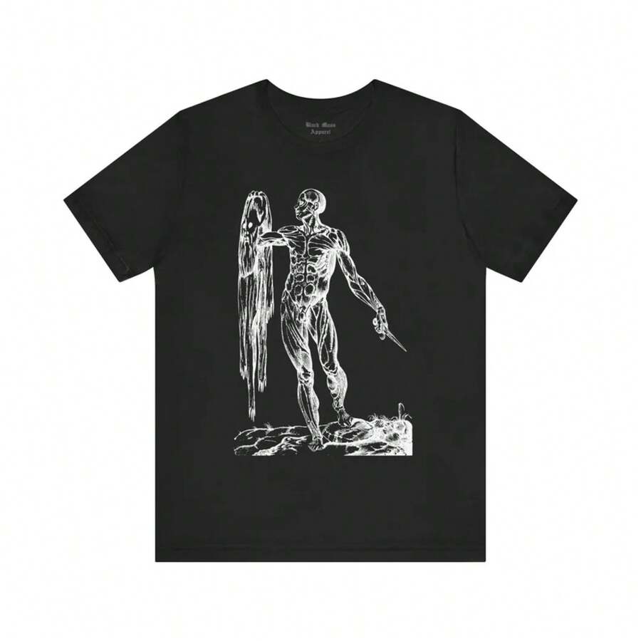 The Man Without Skin, Art By Andreas Vesalius, Spooky Vintage T-Shirt, Horror T-Shirt, Medical, Creepy, Anatomy, Unisex Jersey Short Sleeve T-Shirt - 黑色 - 查看 1