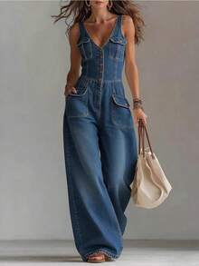 Women Fashion High Waist Jeans Heavy Industry Spliced Handmade Rhinestone Inlaid Design Straight Wide Leg Denim Pants - Biru tua - View 2