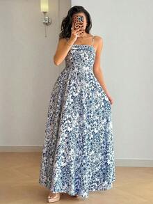 Vestido largo de mujer con estampado floral azul y blanco, de estilo casual y elegante, con tirantes finos y espalda descubierta, ideal para vacaciones y días de verano - Multicolor - Ver 10