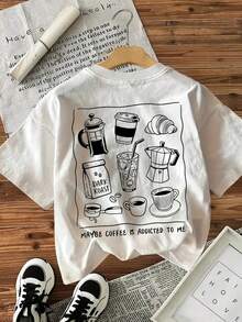 Spring/Summer 100% Cotton T-Shirt [Double-Sided Print], Hand-Painted Style, With Coffee And Bread Motifs. Or Maybe It's Coffee. Cotton, Casual Style, Crew Neck, Short Sleeves, Printed, Women's T-Shirt, Suitable For All Seasons. Wear It As A Base Layer In Spring And Autumn, Or On Its Own In Summer. Neutral Style, Urban Style, Modern Heavyweight Cotton T-Shirt. - 白色 - 查看 2