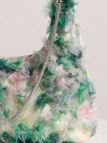 Green 3D Colorful Mesh Floral Hobo Shoulder Bag With Rhinestones For Women, Suitable For Vacation And Shopping (Random Floral Pattern) - Green - View 8
