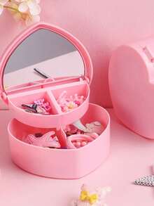Caja de joyas portátil con forma de corazón para niñas, caja de almacenamiento de joyas de doble capa, caja decorativa, caja de regalo conmemorativa, adecuada para aretes, anillos, collares, perfecta como regalo de regreso a clases para niñas, decoración de habitación - Multicolor - Ver 2