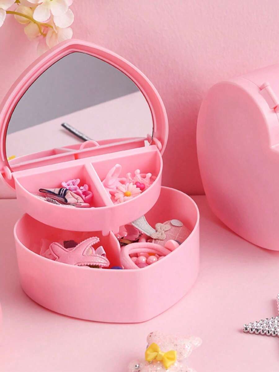 Caja de joyas portátil con forma de corazón para niñas, caja de almacenamiento de joyas de doble capa, caja decorativa, caja de regalo conmemorativa, adecuada para aretes, anillos, collares, perfecta como regalo de regreso a clases para niñas, decoración de habitación