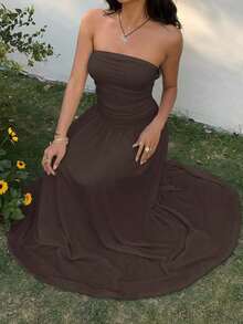 YkhahaSHEIN  Vestido de verano casual, elegante y plisado de color verde pistacho sin tirantes, adecuado para vacaciones, vestido verde sin tirantes, vestido de dama de honor verdeYkhaha - Marrón - Ver 2