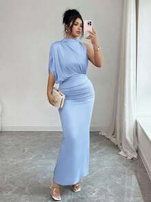Vestido ajustado y acampanado sin mangas con cuello fruncido en color borgoña, para primavera/verano - Azul - Ver 9